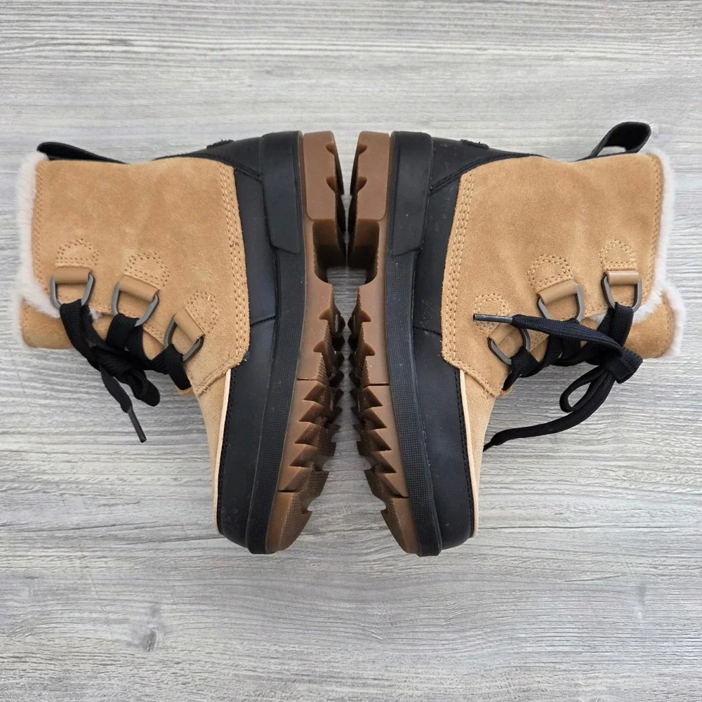Sorel Tivoli IV Waterproof Winter Boots Tan Black Faux Fur Womens 6.5